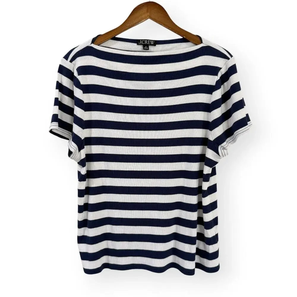 J. Crew Fine-Rib Fitted Navy White Striped Boatneck T-Shirt 2X Nautical BY387